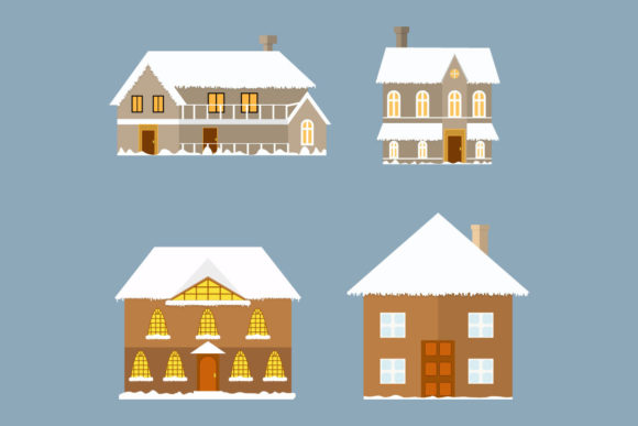 Christmas House Vector Set with Snow